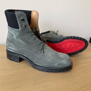 Christian Louboutin Gray Suede Lace-Up Ankle Boots with Red Tread
